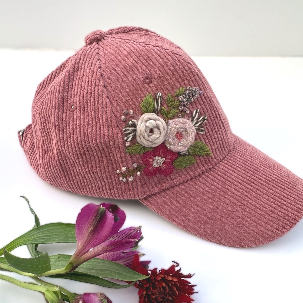 Corduroy Baseball Cap Hand Embroidered Floral Dusty Rose Pink Cozy Fall Hat